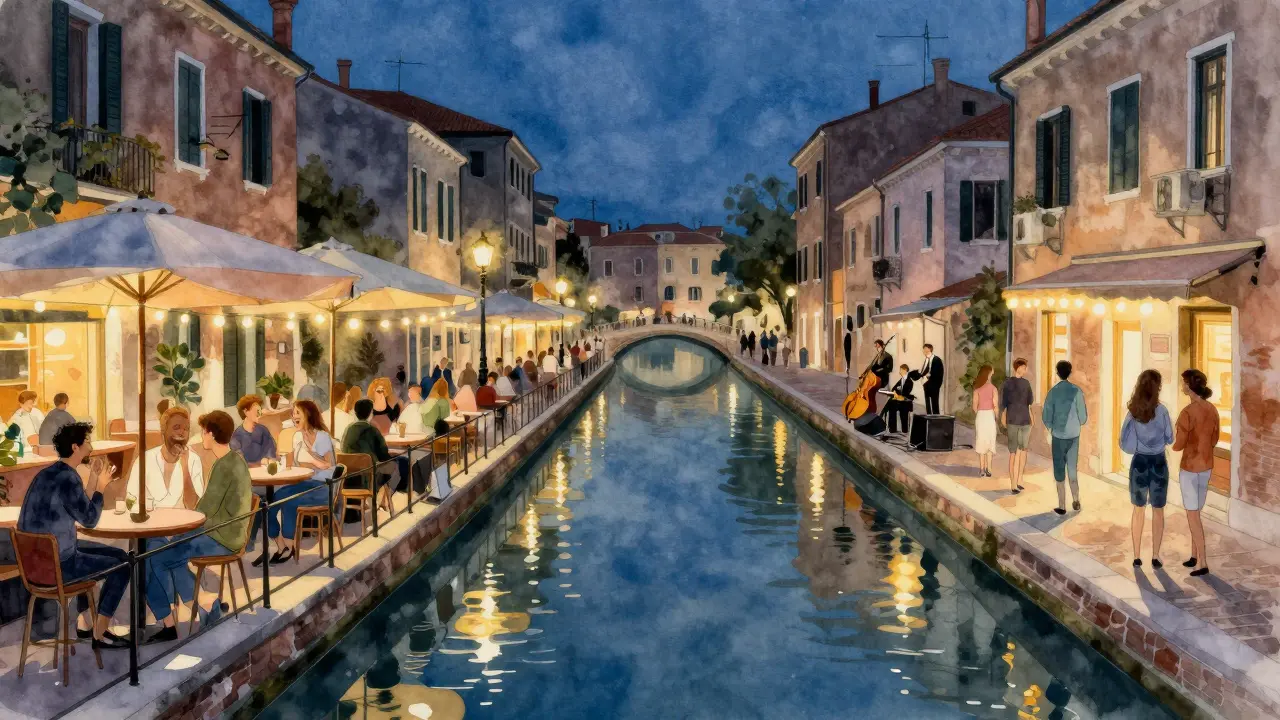 Navigli canals at night with string lights, outdoor bars, and live jazz music.
