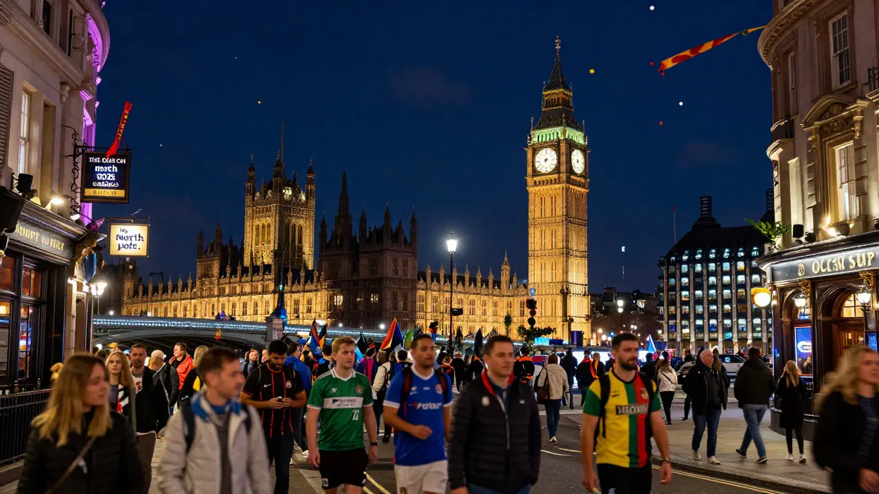 Nighttime London streets filled with international sports fans heading toward glowing sports pubs under glowing signs.