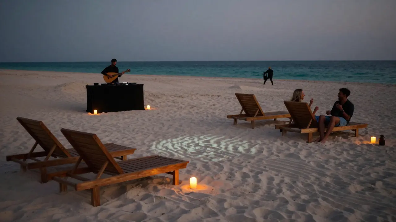 People relaxing on wooden loungers at a beach club with candles and waves under a twilight sky.
