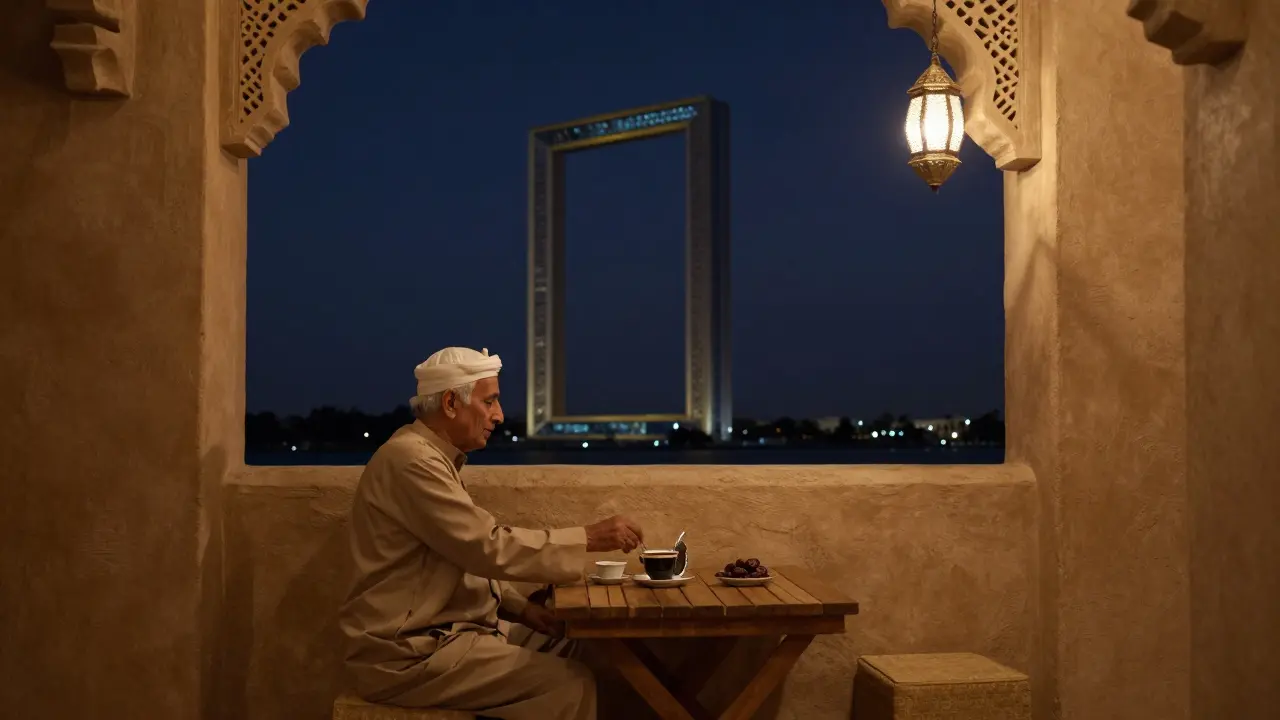 Quiet coffee shop at night with lanterns, dates, and Arabic coffee under a starry Dubai sky.
