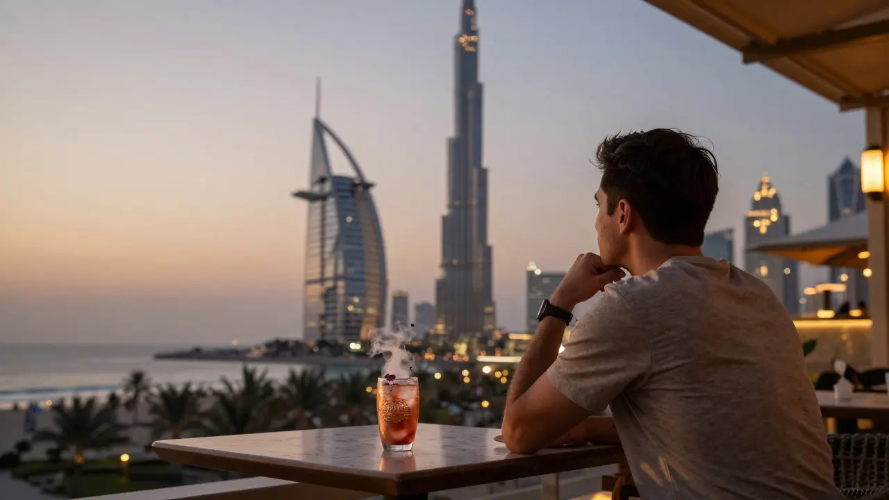 Quiet rooftop bar at sunset with a person enjoying a drink and the Dubai skyline.