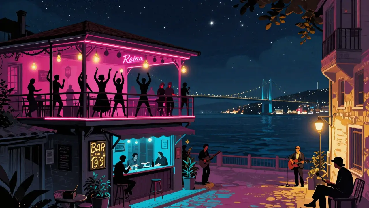 Reina nightclub on the water with neon lights and dancers on the terrace overlooking the Bosphorus Bridge.