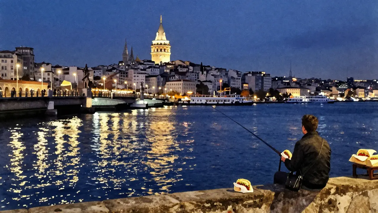 Silent night scene on Galata Bridge with fishermen and ferries under glowing city lights.