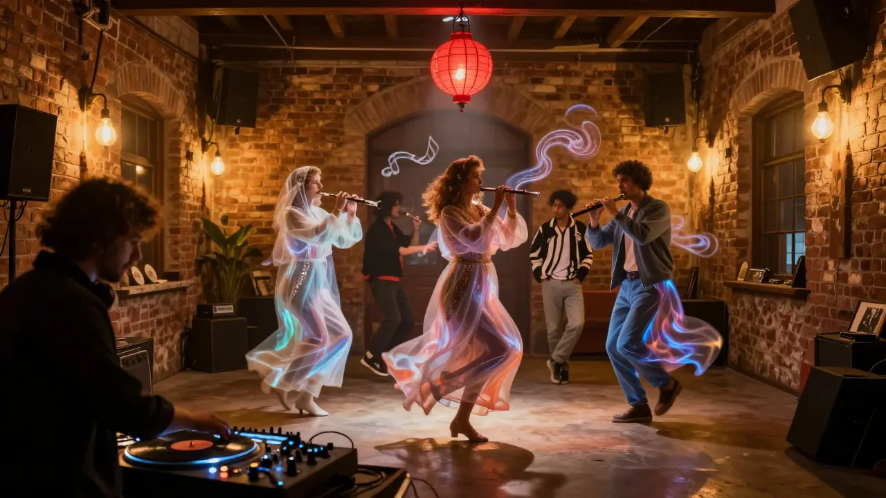 Surreal dance scene where Ottoman and modern figures merge in a hidden Istanbul warehouse under a red lantern.