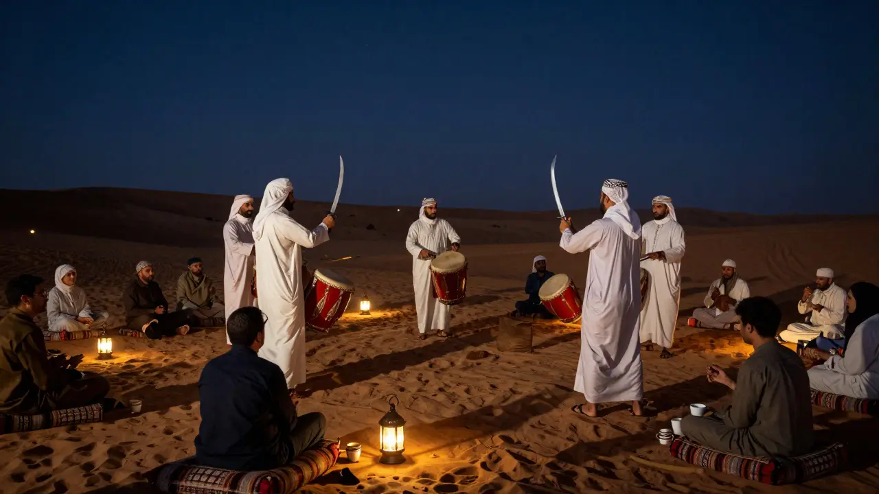 Traditional Emirati performers in white robes drumming and dancing under lantern light at night.