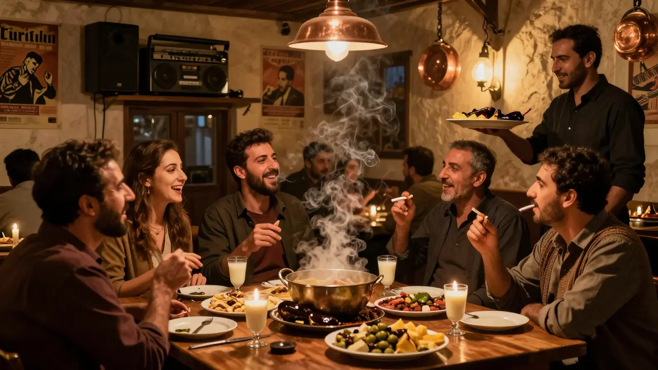 Traditional Turkish meyhane filled with diners sharing meze and raki, illuminated by candlelight and warm ambiance.