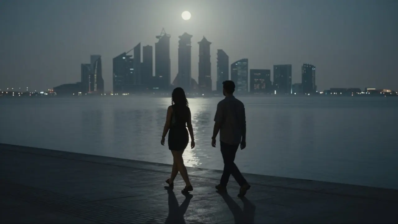 Two figures walking silently along the Corniche at midnight under a full moon, the city skyline faintly visible in the distance.