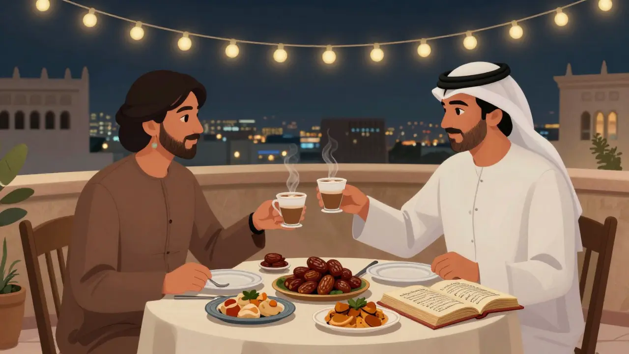 Two people enjoy Emirati coffee and dates on a rooftop at night, surrounded by soft lights and city views.