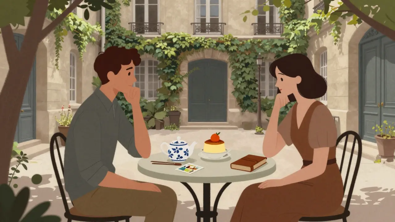 Two people enjoy tea in a hidden Parisian courtyard, crème brûlée and a book on the table, soft morning light.