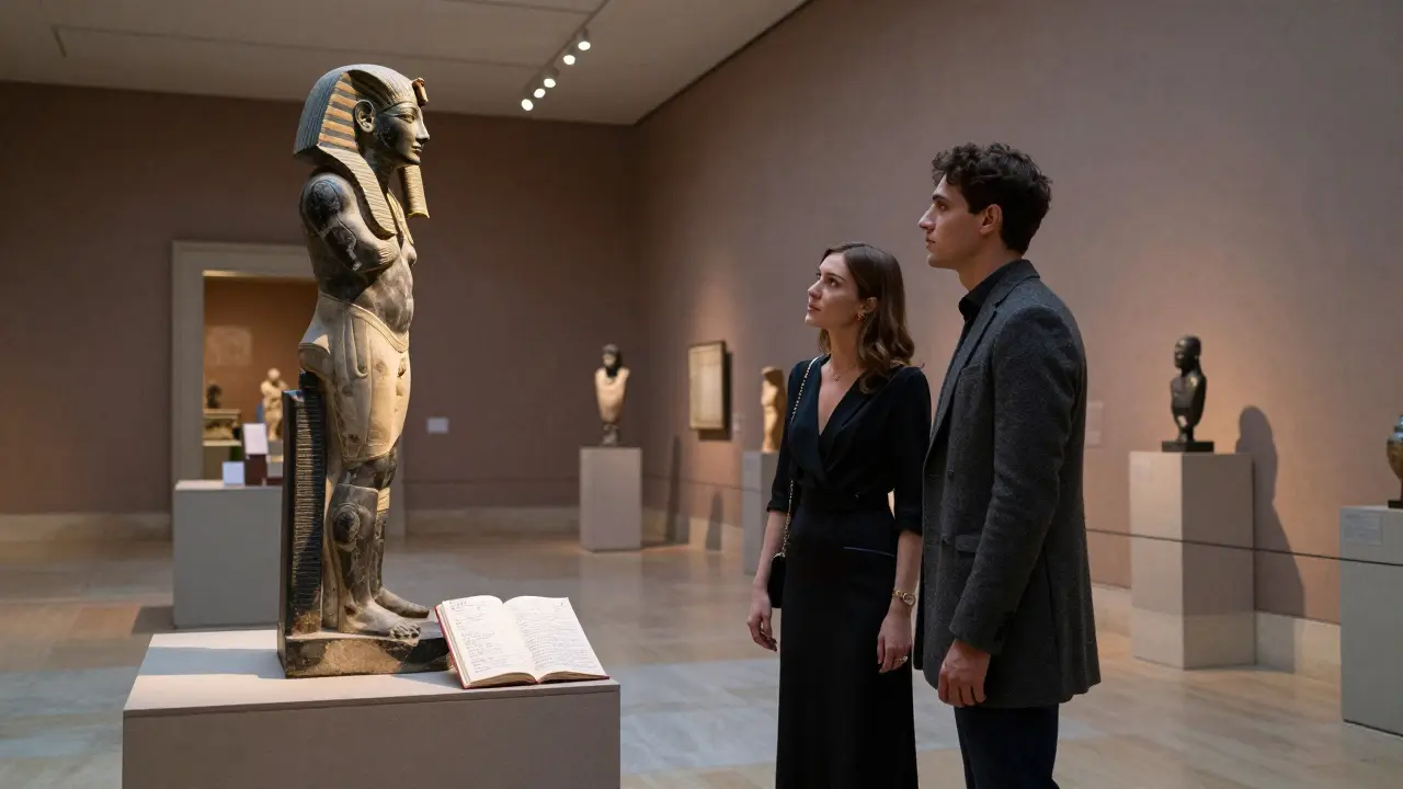 Two people quietly admiring an ancient statue in a dimly lit Louvre gallery at dusk.