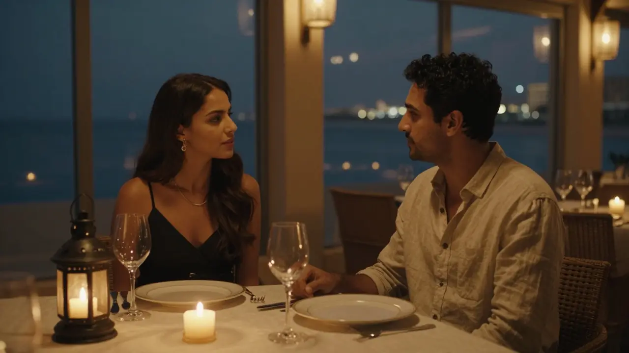 Two people sharing a private dinner at a luxurious restaurant, candlelight casting soft shadows in the background.