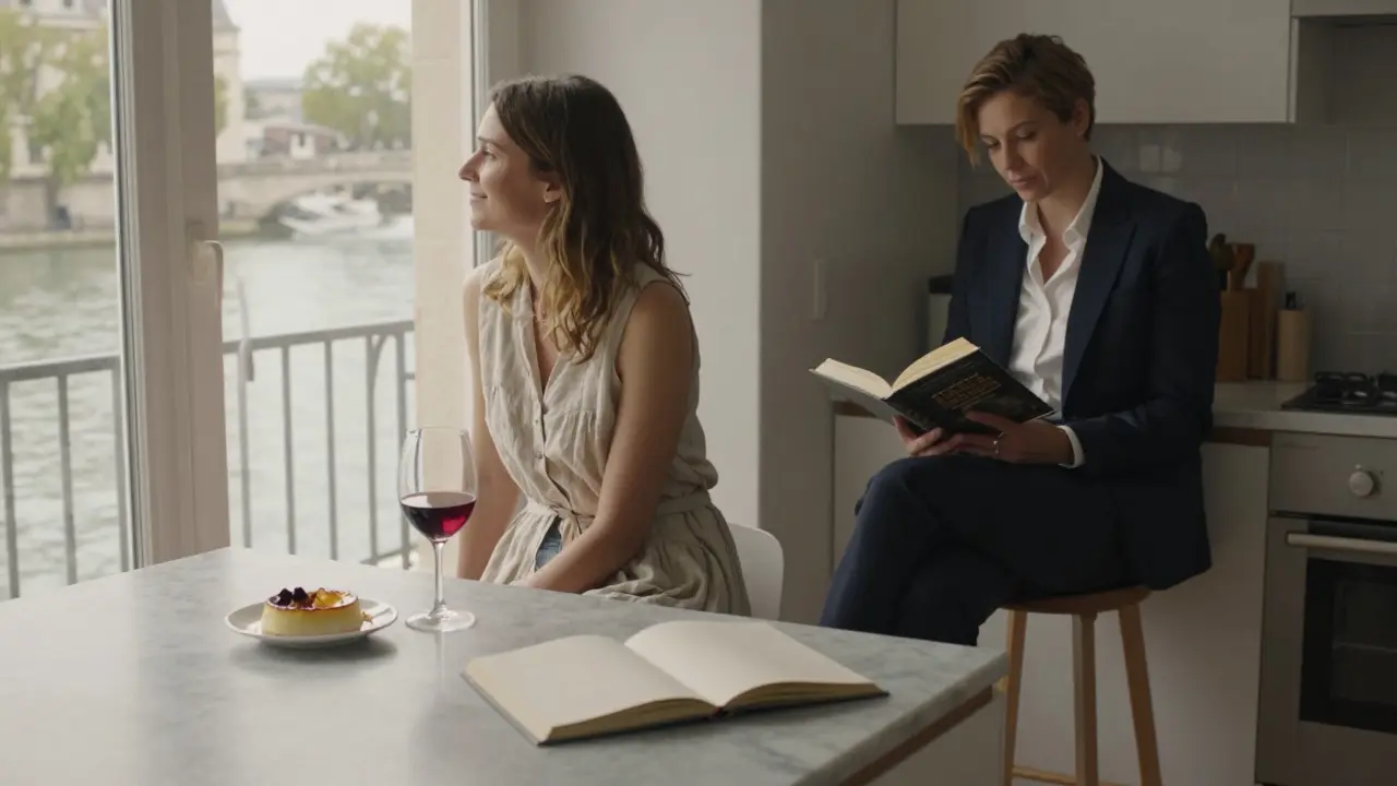 Two people sit quietly in a sunlit Paris kitchen, one reading, the other gazing out the window, crème brûlée on the counter.