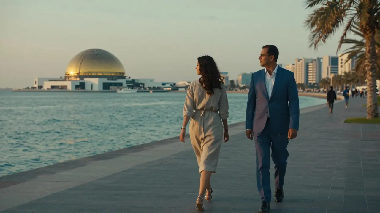 Two people walking peacefully along the Corniche in Abu Dhabi at sunset.