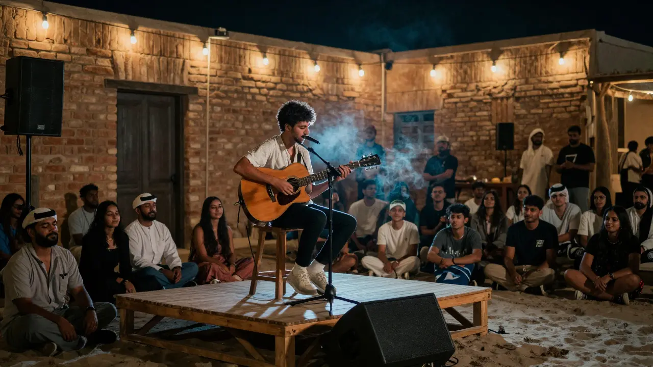 Young guitarist playing acoustic music on a small stage surrounded by an attentive crowd.