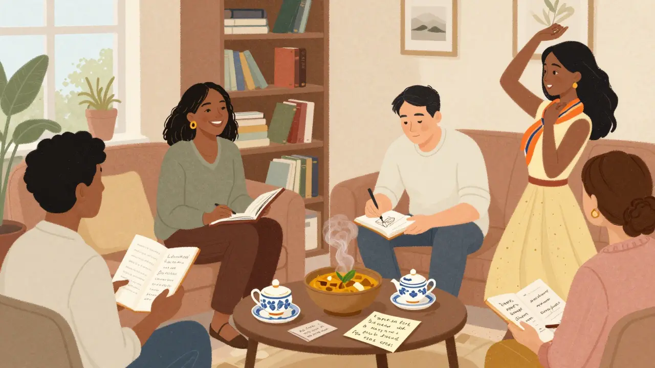 A diverse group of international individuals share a cultural evening in a cozy Berlin living room, laughing and connecting over food and conversation.