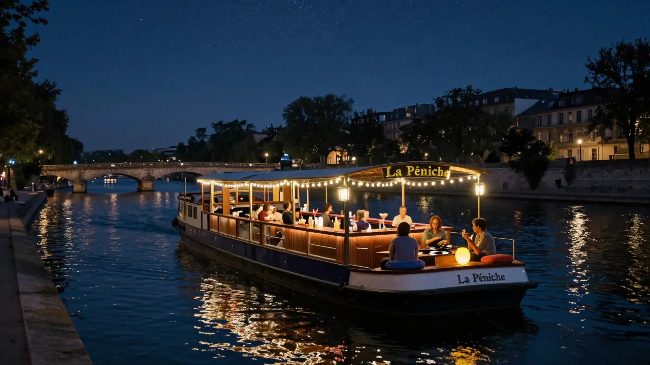 A floating bar drifts peacefully on the canal under starlit Parisian skies.