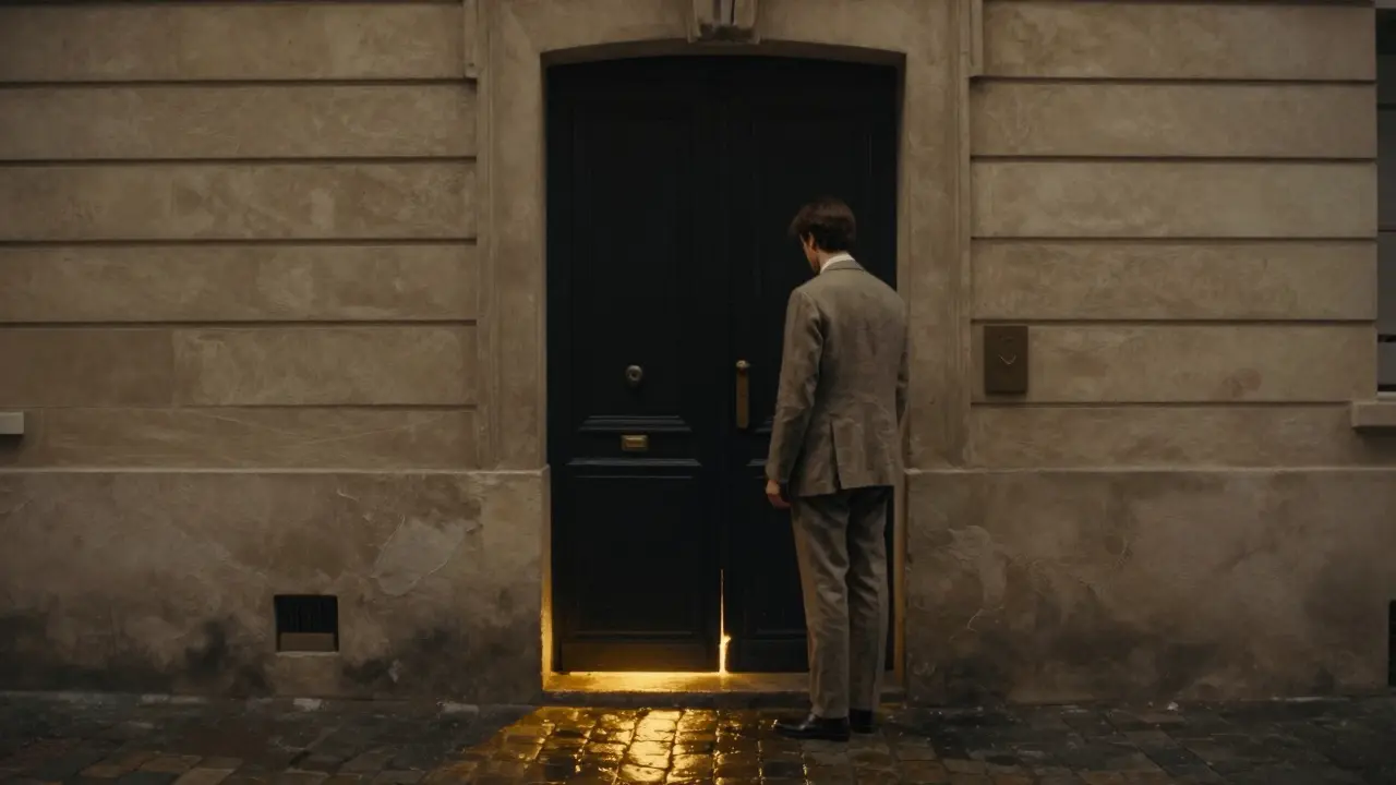 A hidden black door in a quiet Paris alley with golden light spilling from beneath, no signs or people.