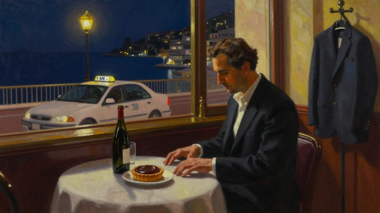 A jazz pianist playing in a quiet bistro, a chocolate tart and wine bottle on the table under soft lamplight.