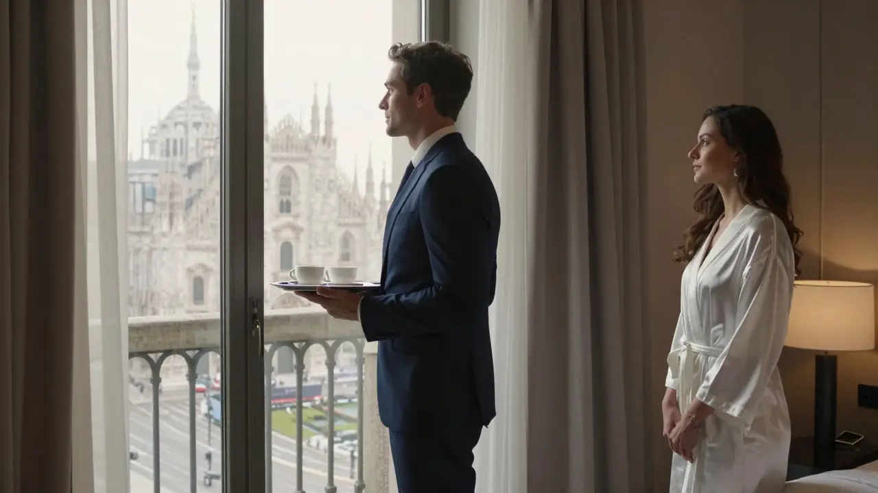 A male companion and female guest in a luxury Milan hotel suite at sunrise.