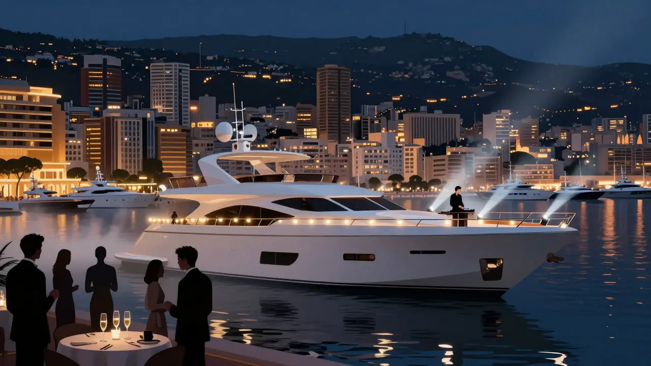 A private yacht at night in Port Hercules with guests enjoying champagne under string lights and Monaco's glowing skyline.