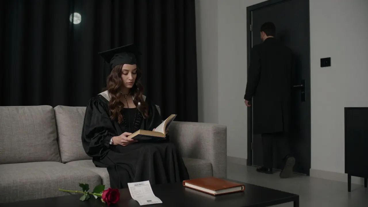 A professional woman sits calmly in a high-end apartment, a man exiting through a reinforced door, no devices visible.