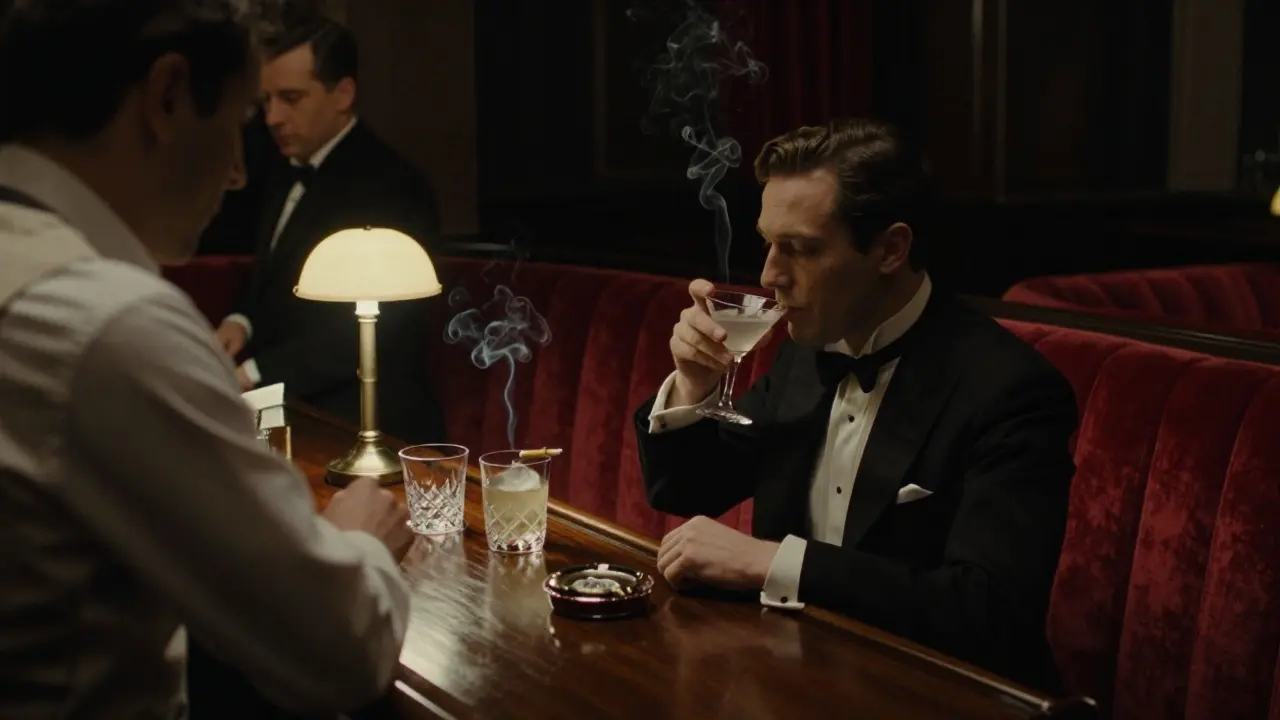 A quiet, dimly lit jazz bar in Monaco with velvet booths, a pianist, and a man sipping a martini in timeless elegance.