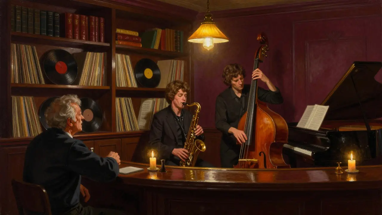 A quiet jazz bar filled with books and vinyl records, lit by warm candlelight.