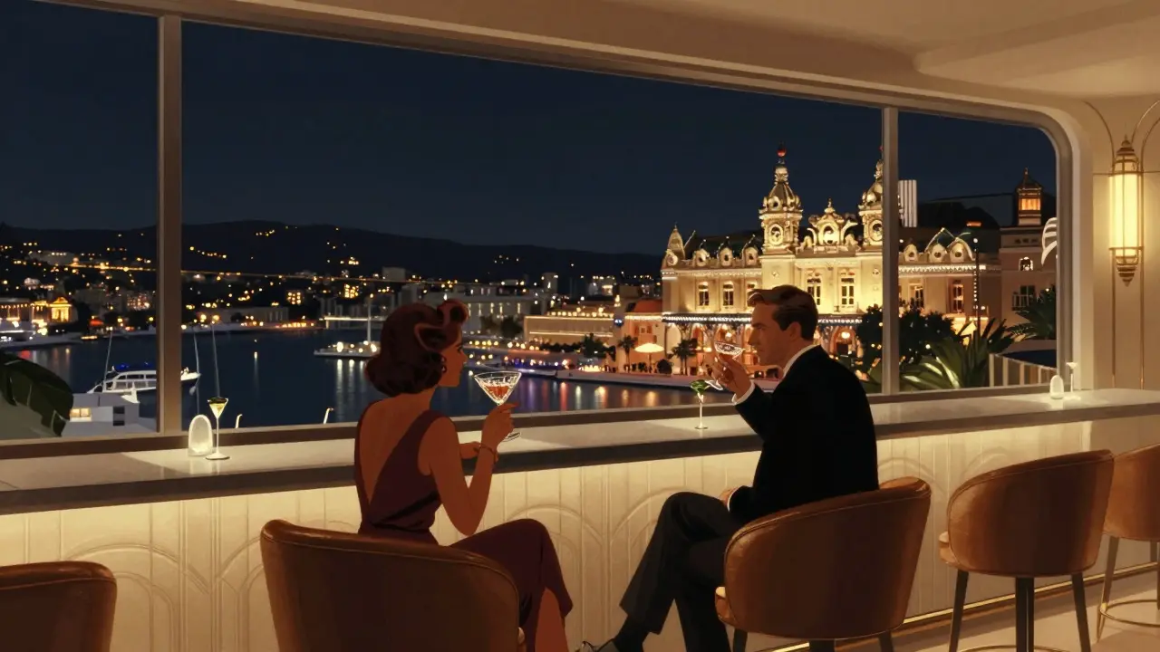 A rooftop bar overlooking Monaco’s glittering port at midnight, with a couple sipping cocktails in elegant silence.
