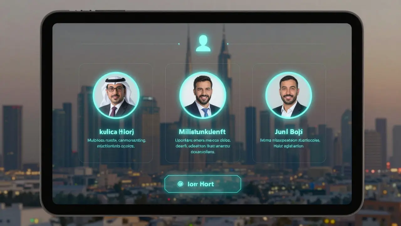 A secure digital portal displaying professional companion profiles with cultural expertise, set against a blurred Dubai skyline at dusk.
