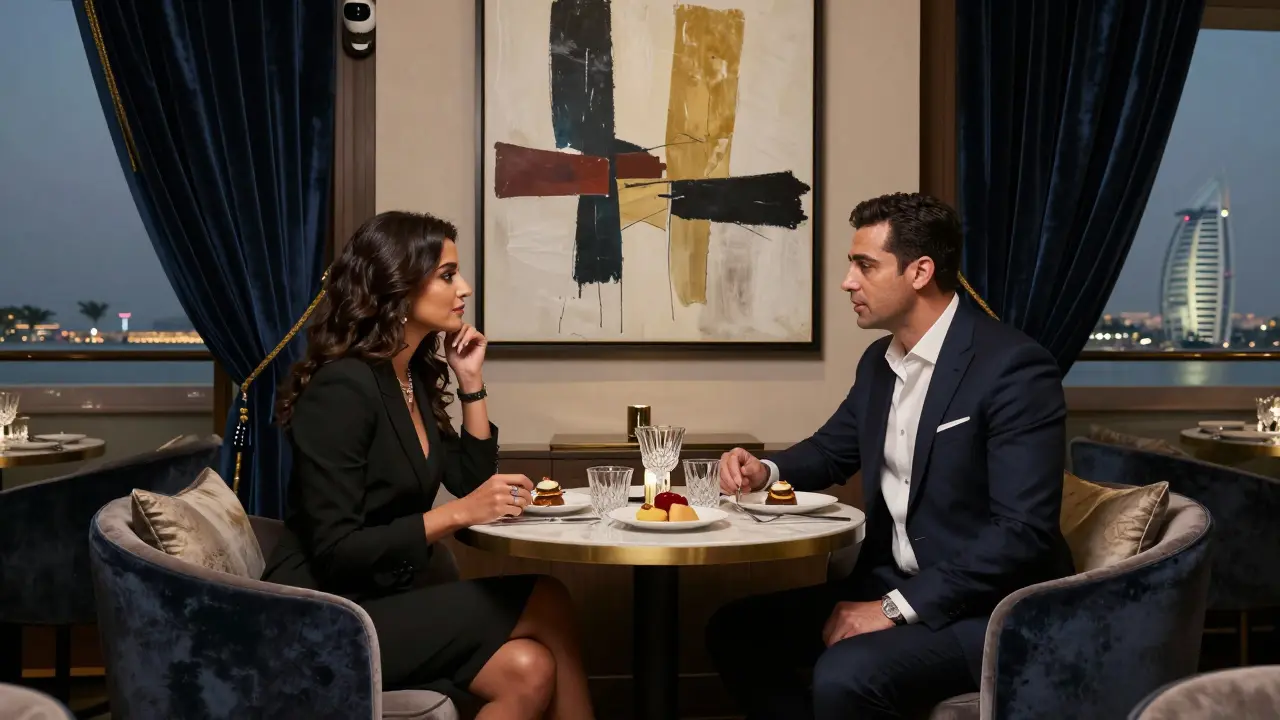 A sophisticated couple converses quietly on a private rooftop lounge with abstract art and crystal glassware.