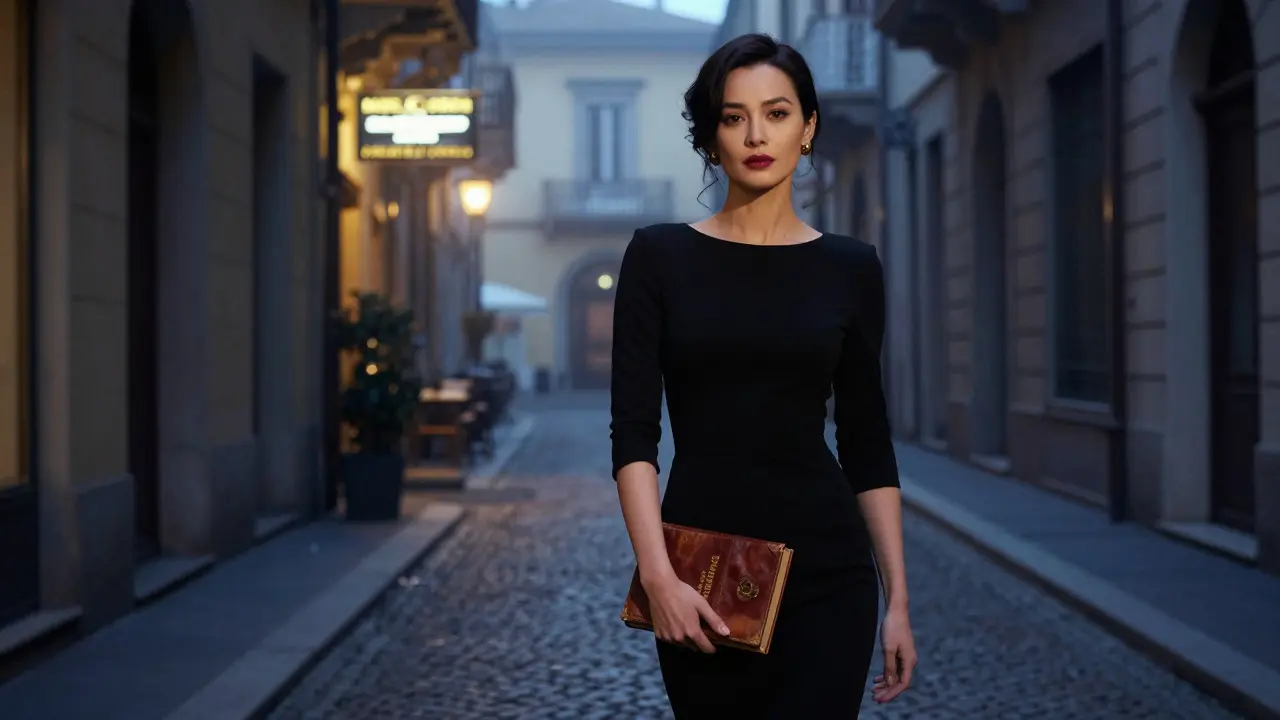 A woman in a black dress standing confidently in a quiet Brera alley at night.