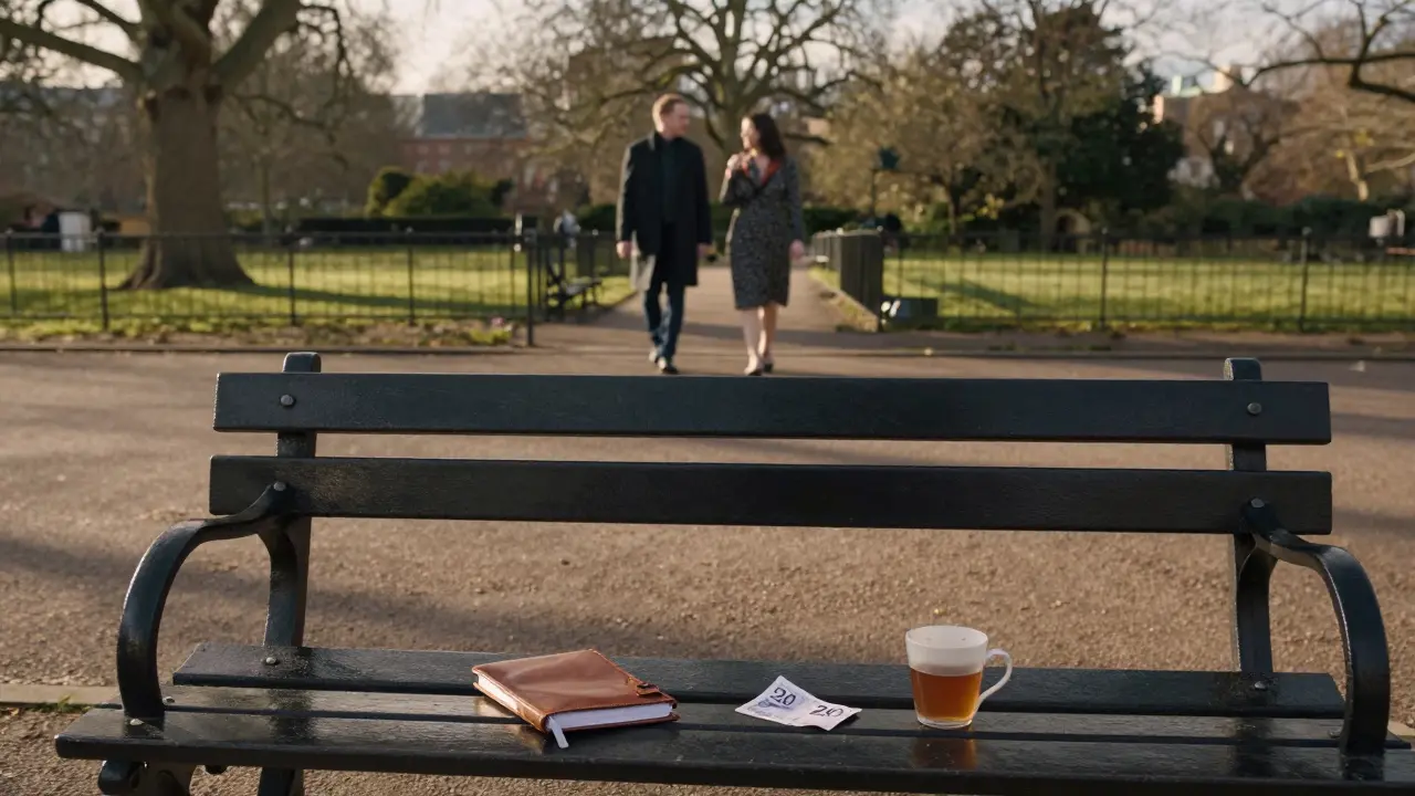 An empty park bench in Hyde Park with a notebook and tea, suggesting a quiet, respectful companionship.
