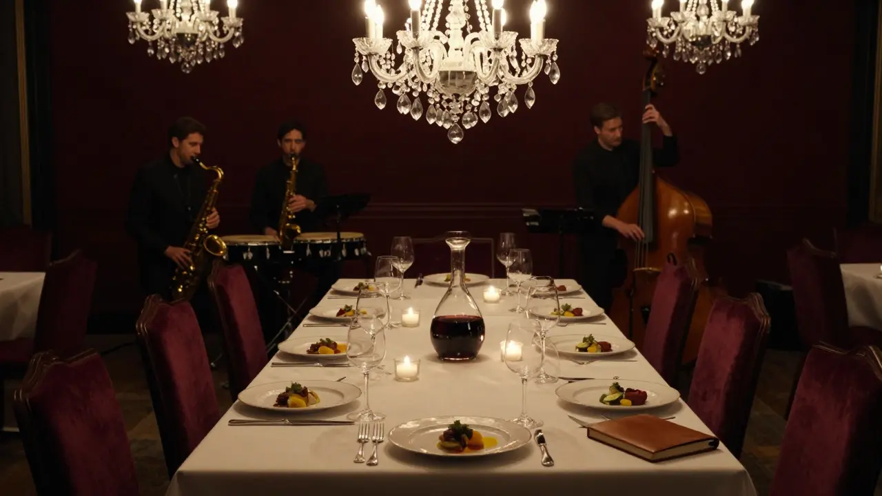 An intimate dinner table under crystal chandeliers with jazz musicians playing in shadow, no guests visible.