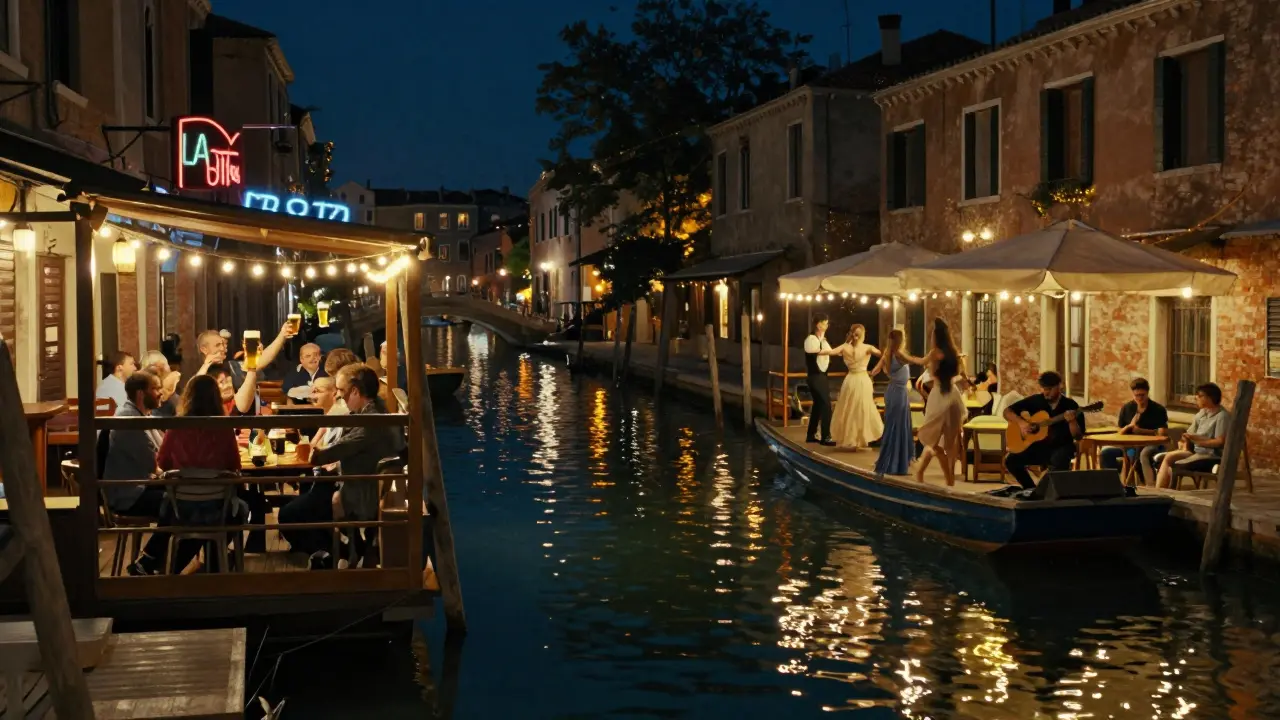 Canal-side bars in Navigli glowing with string lights as people dance and listen to live music at night.