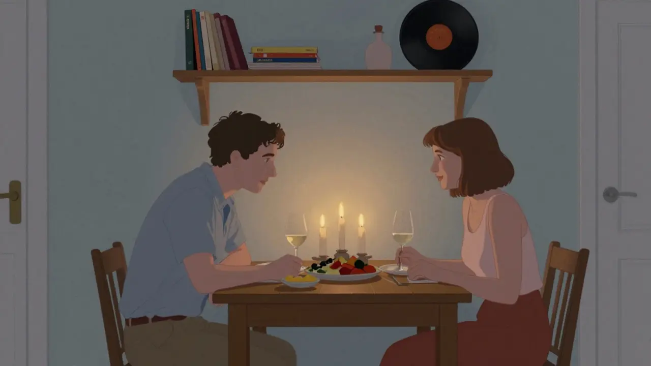 Candlelit dinner in a cozy Berlin apartment, two individuals sharing food and conversation.