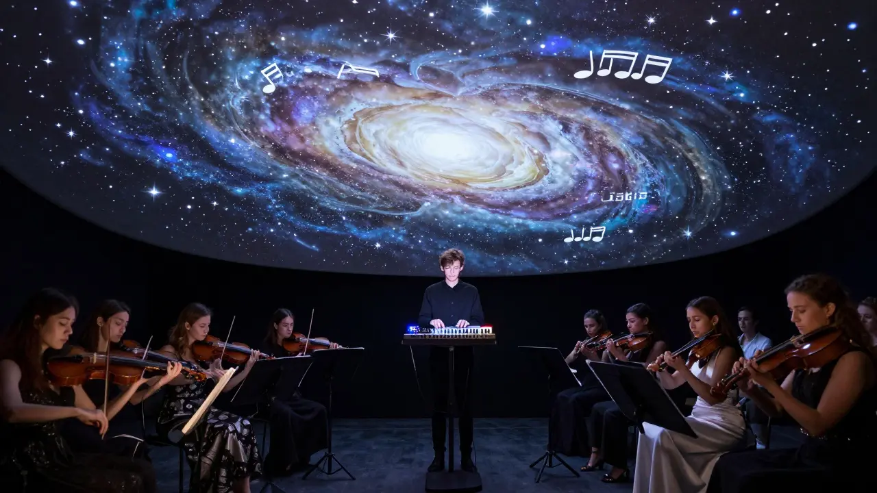 Classical musicians playing under a starry sky projection inside the opera house.