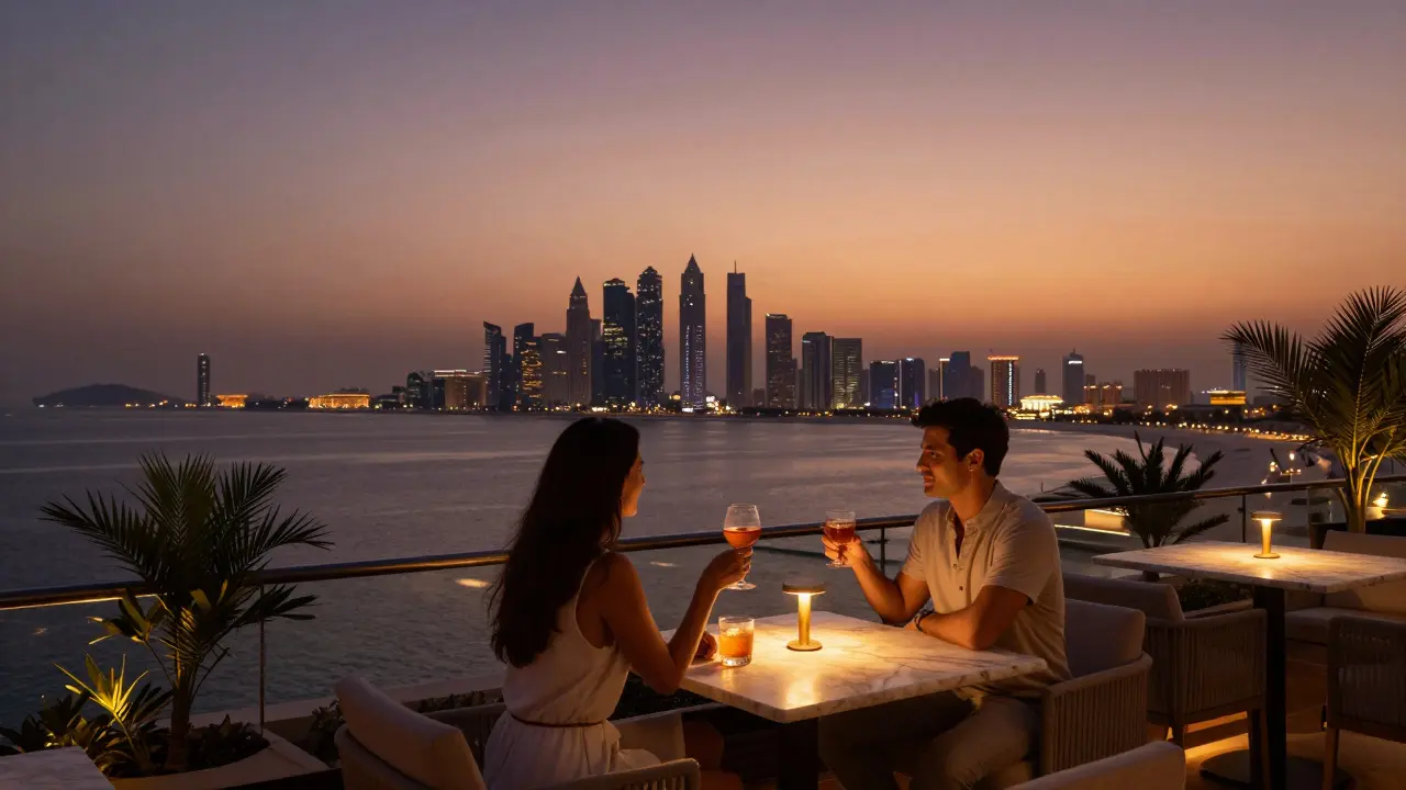 Couples enjoying cocktails at The Observatory rooftop bar with sunset city views.