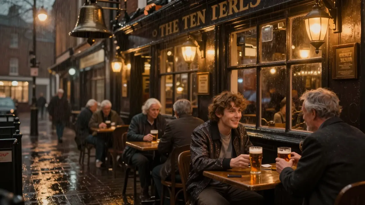 Cozy historic pub at night with warm lighting, regulars sharing drinks, a glittery stranger welcomed with a free ale.