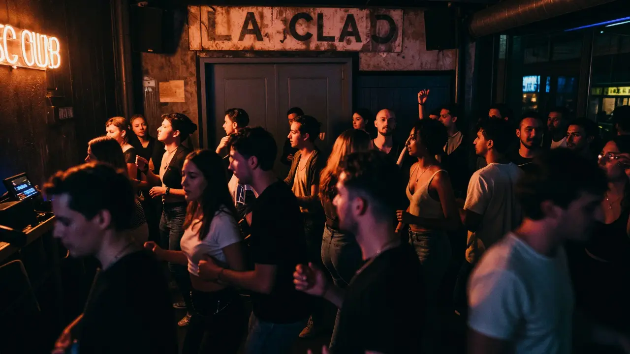 Crowd dancing energetically inside La Scala Club under flickering neon lights with no VIP pretense.