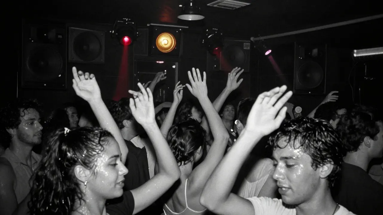 Crowd dancing in a dark underground club with powerful speakers and pulsing lights, no VIP tables, pure music energy.