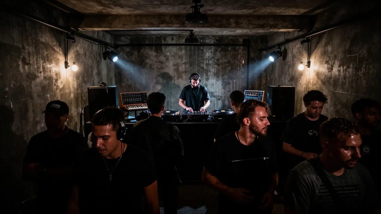 Crowd immersed in underground techno at The Waiting Room, a hidden warehouse club in Alserkal Avenue.
