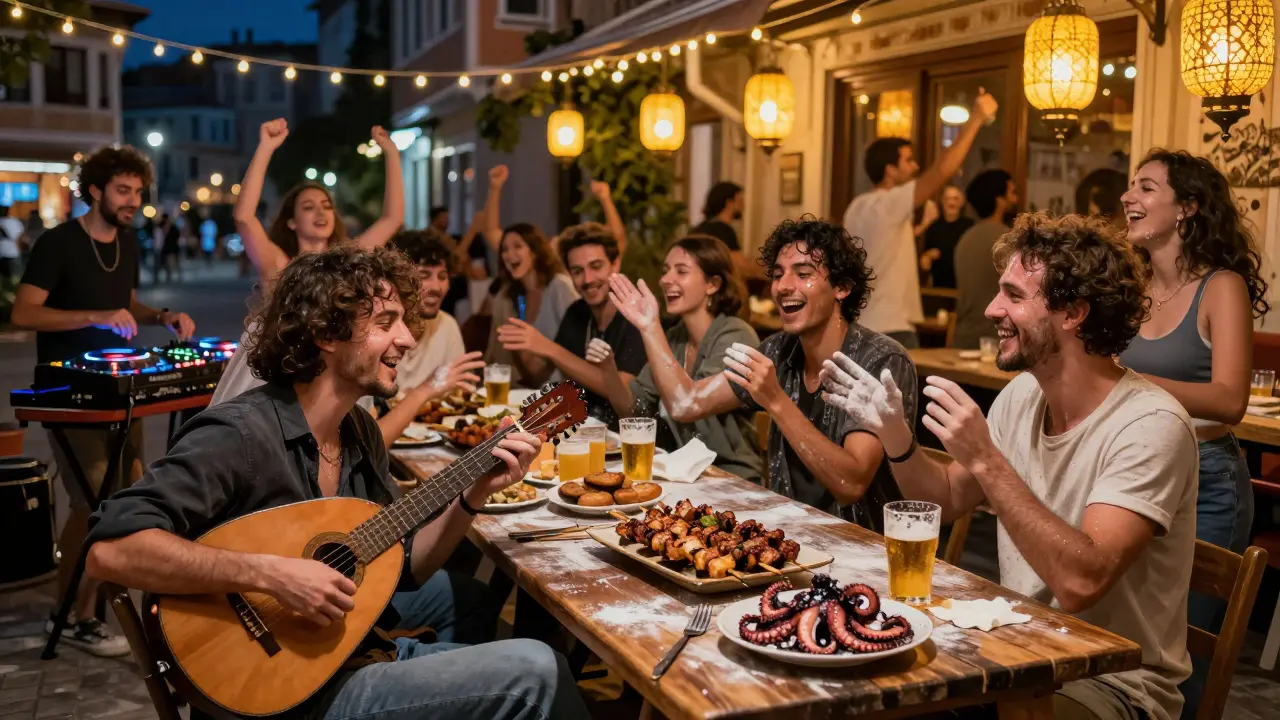 Crowded long table party in Istanbul with people dancing, eating kebabs, and playing music.