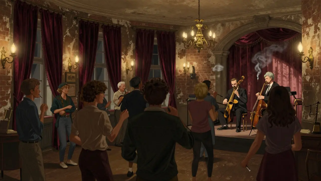 Diverse crowd sways to live jazz in the historic, intimate interior of La Cigale.