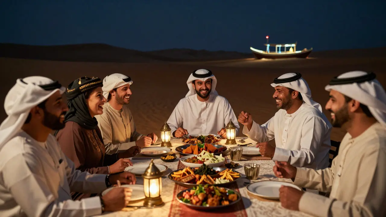 Diverse group enjoying a traditional Emirati dinner under desert stars with warm lantern light.