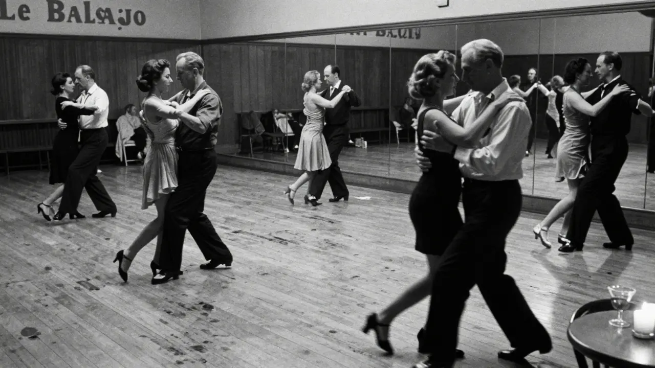Elegant elderly couple dancing salsa in a historic Paris dance hall, mirrors reflecting endless motion in black and white.