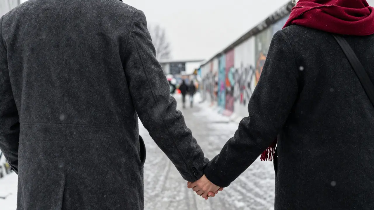 Hands held gently as two figures walk along the East Side Gallery in winter snow.