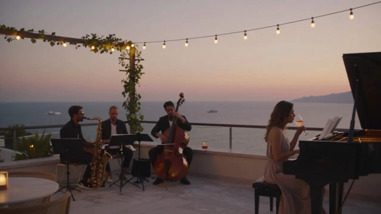 Jazz trio performing on a rooftop lounge under string lights with Mediterranean view.