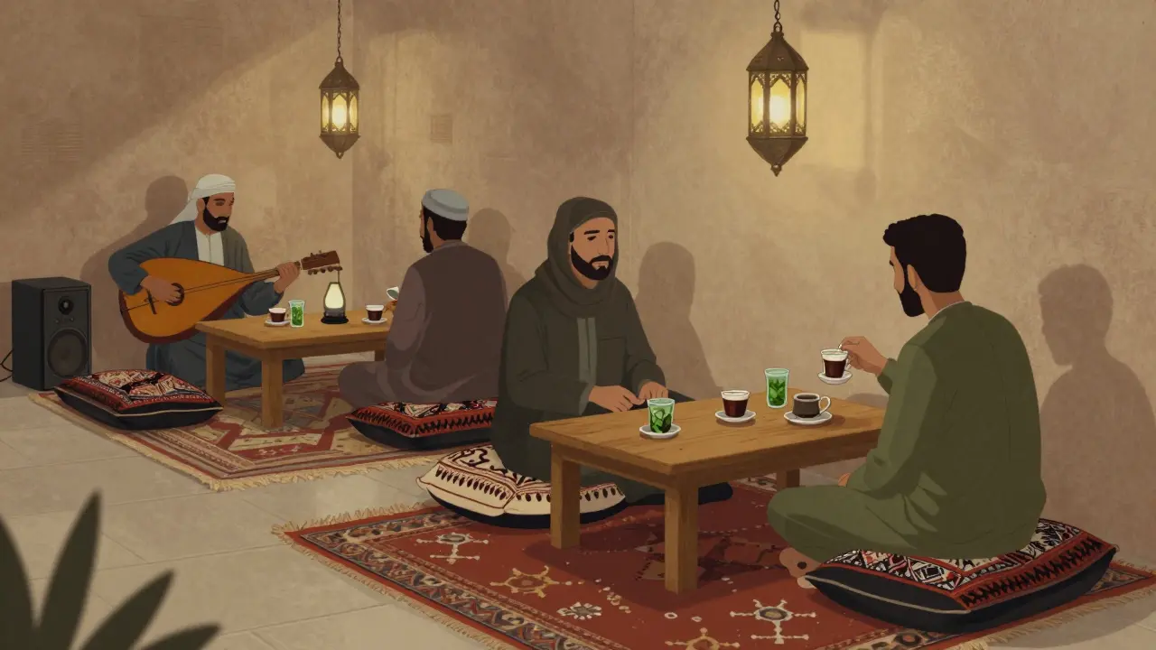 Local cultural space at night with people sharing tea and listening to traditional oud music.