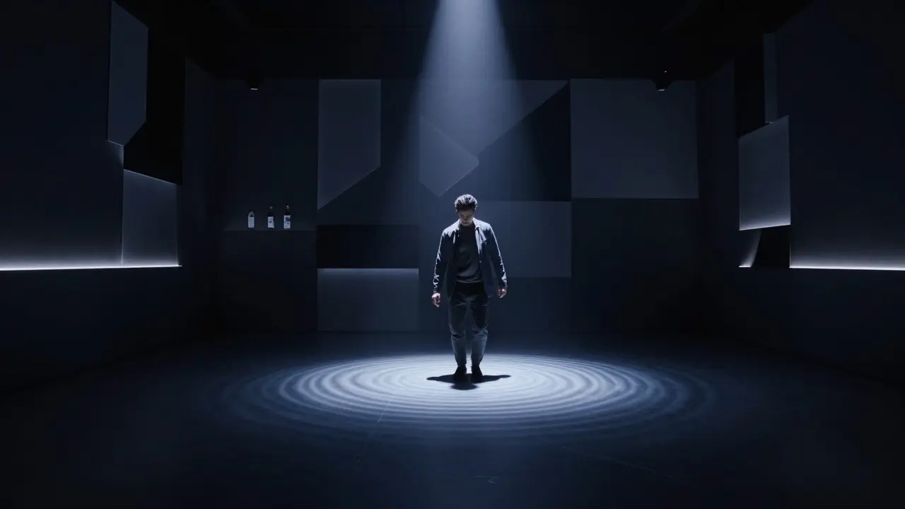 Minimalist nightclub with a single dancer under a spotlight, evoking quiet rhythm and sophistication.