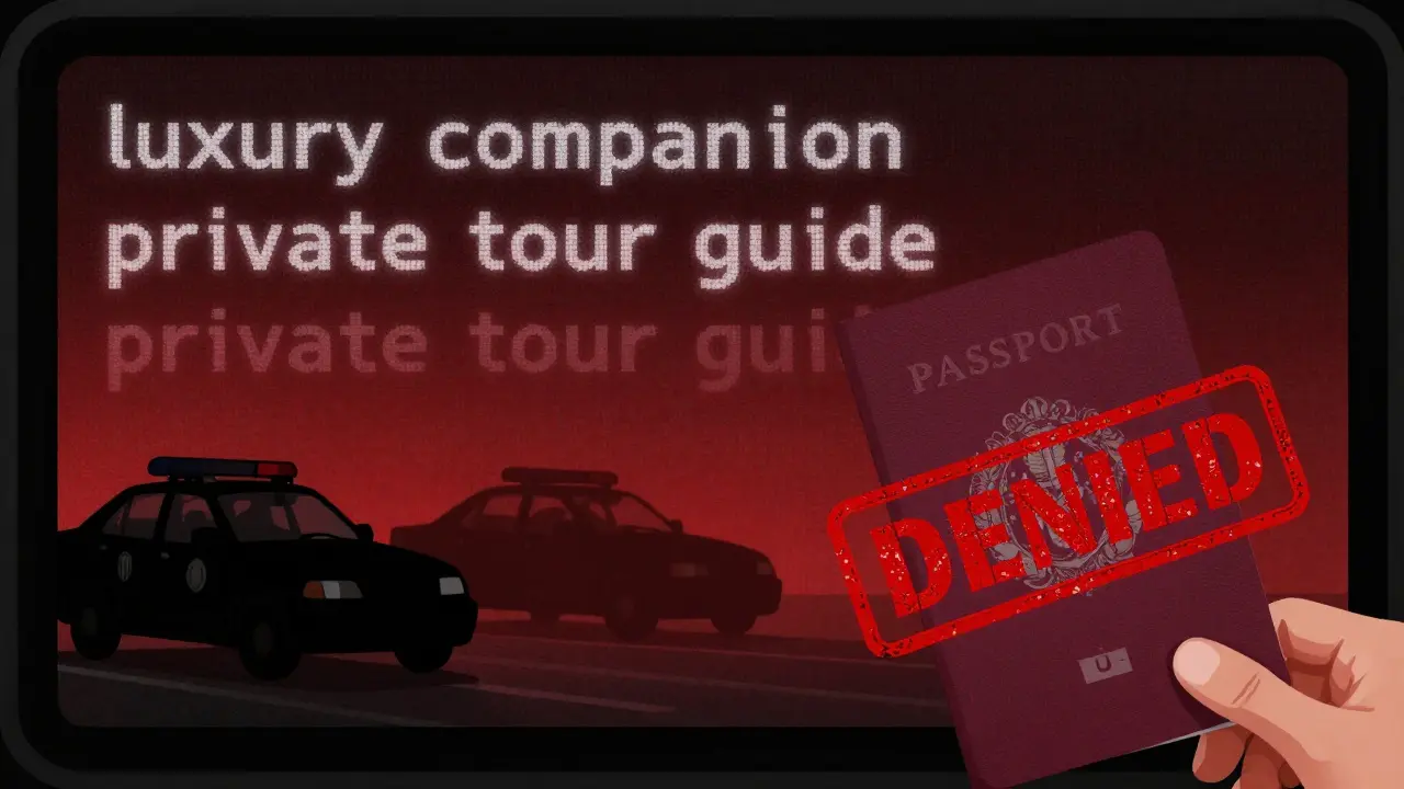 Online escort ads fading into police cars and a denied passport stamp, symbolizing legal risks.